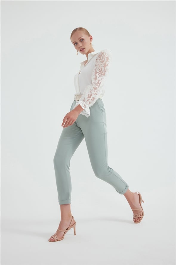 Belted double leg trousers - GREEN ALMOND