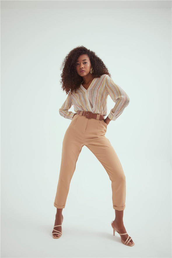 Belted double leg trousers - CAMEL