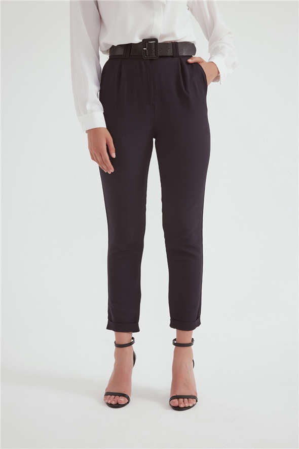 Belted double leg trousers - BLACK