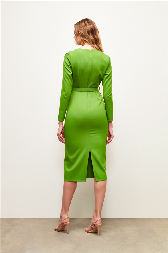 Belted Pencil Dress - LIGHT GREEN