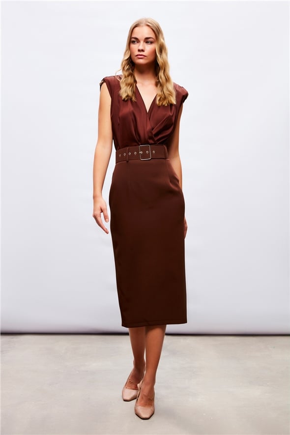 Belted Pencil Skirt - BROWN