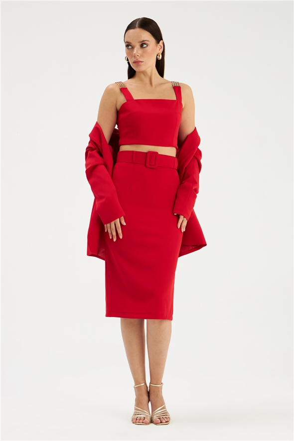 Belted pencil skirt - RED