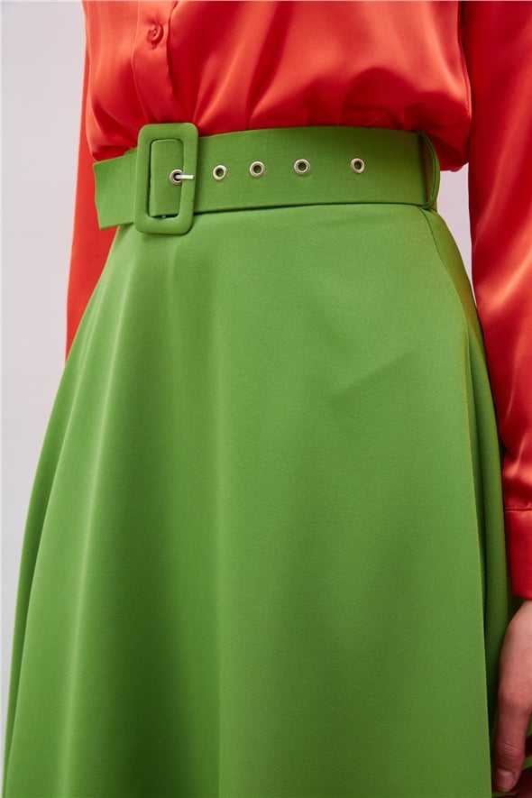 Belted Flared Skirt - LIGHT GREEN