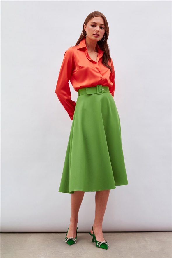 Belted Flared Skirt - LIGHT GREEN