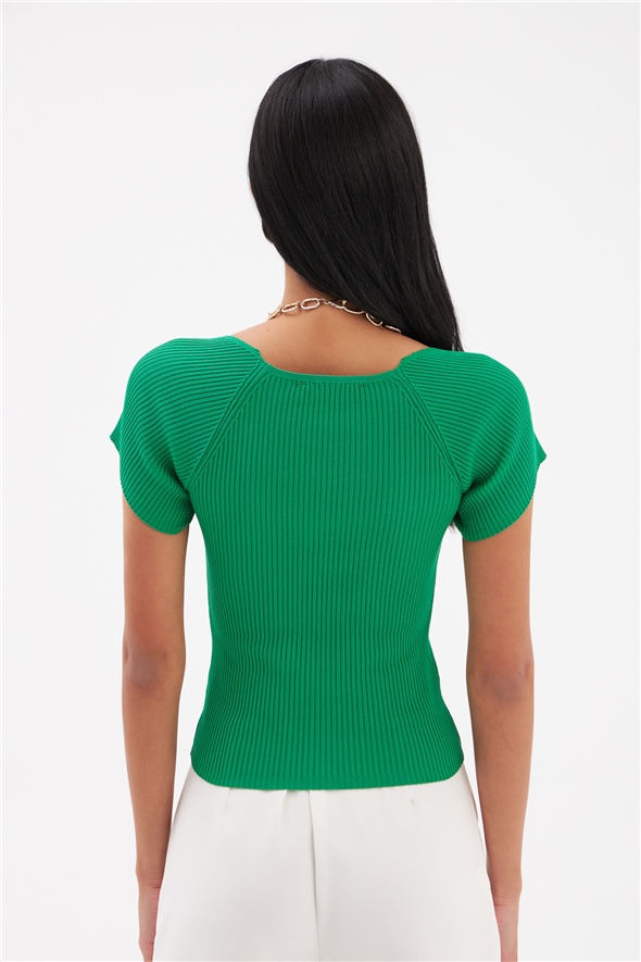 Short Sleeve Corduroy Knitwear Blouse - GREEN
