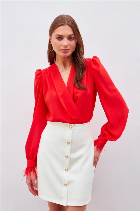 Sleeve Feather Detailed Bodysuit Blouse - CORAL