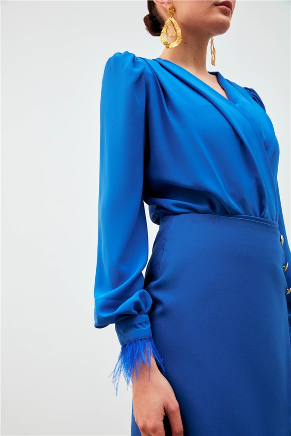 Sleeve Feather Detailed Bodysuit Blouse - SAX BLUE