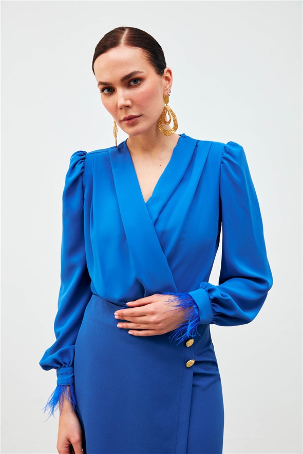 Sleeve Feather Detailed Bodysuit Blouse - SAX BLUE