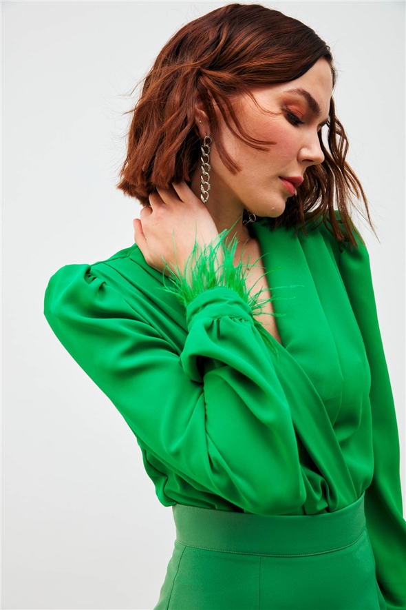 Sleeve Feather Detailed Bodysuit Blouse - GREEN