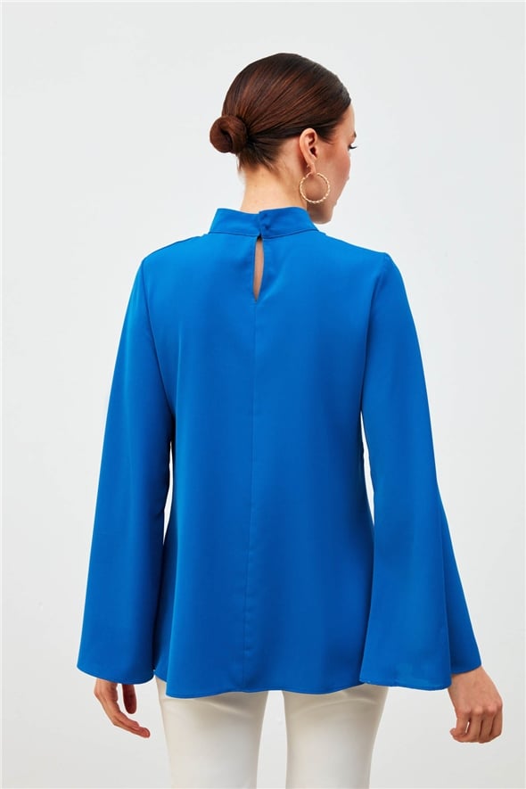 Necklace Spanish Sleeve Blouse - SAX BLUE