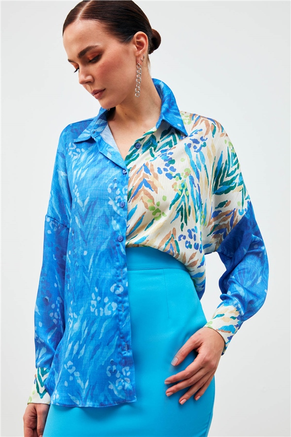 Contrast Patterned Loose Shirt - SAX BLUE