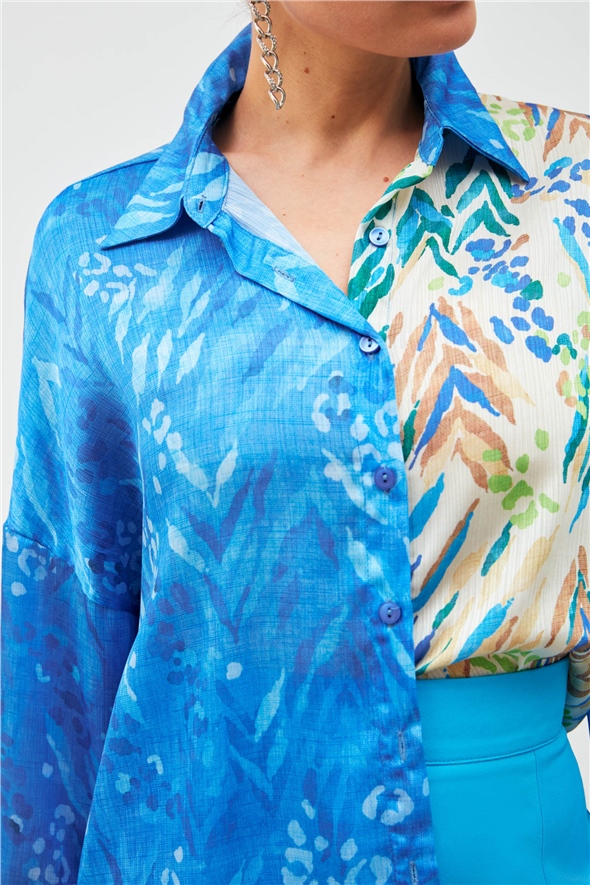 Contrast Patterned Loose Shirt - SAX BLUE