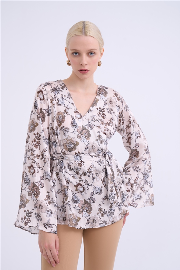 Double-breasted floral print belted blouse - BEIGE