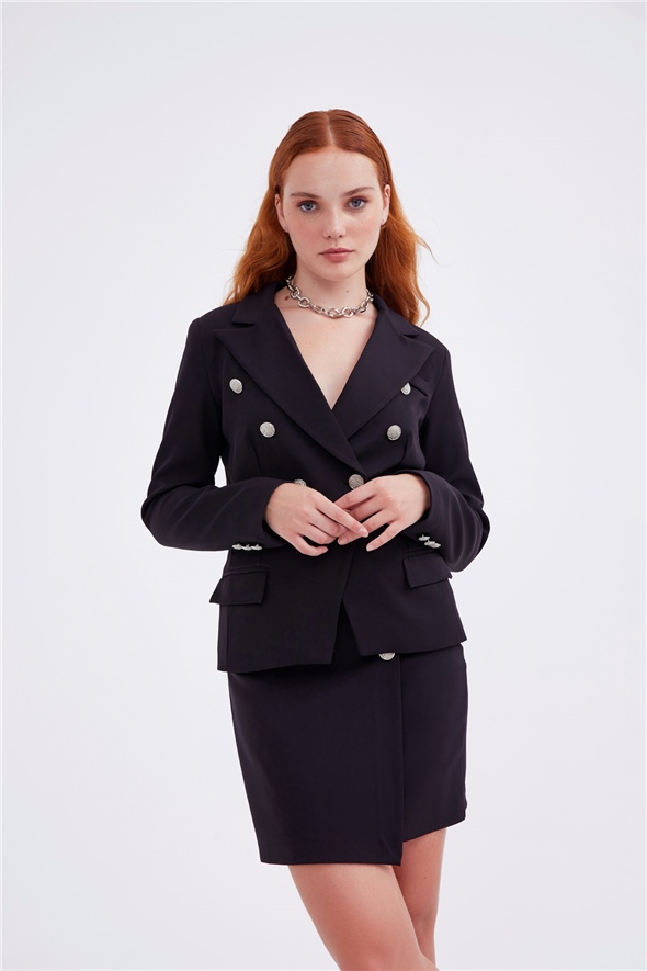 Double-breasted button-up blazer - BLACK
