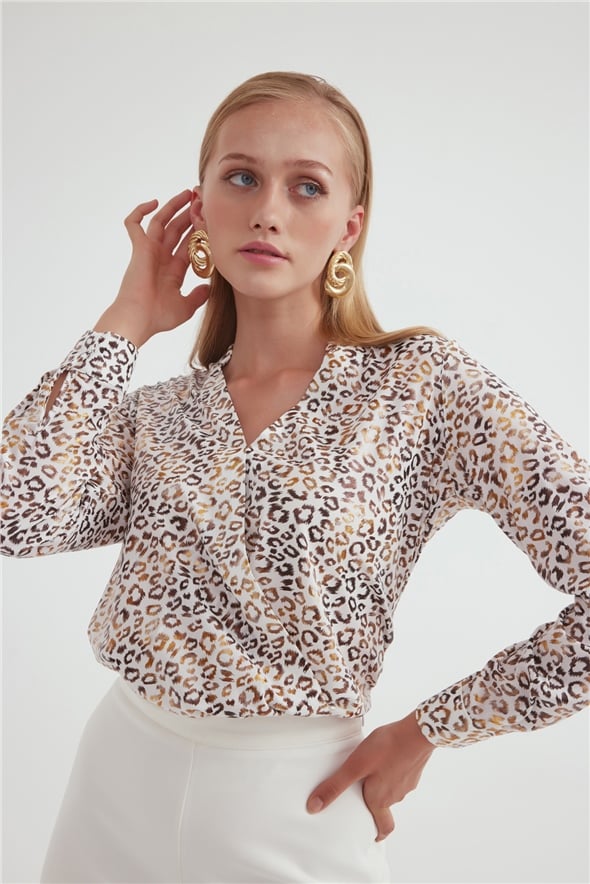 Double Breasted Printed Blouse - ECRU-LEOPARD