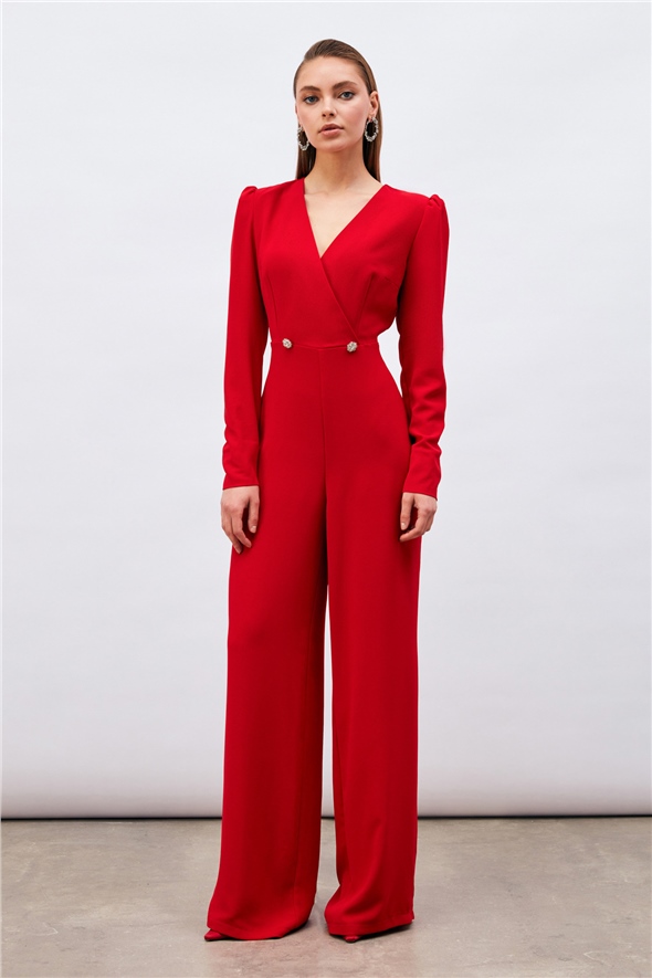 Crepe jumpsuit with double-breasted stone detail - RED