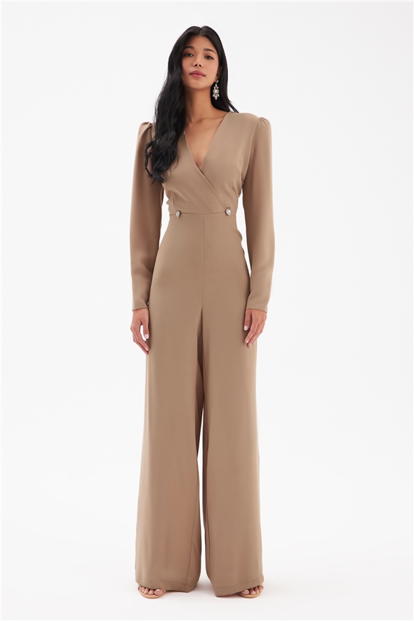 Crepe jumpsuit with double-breasted stone detail - BEIGE