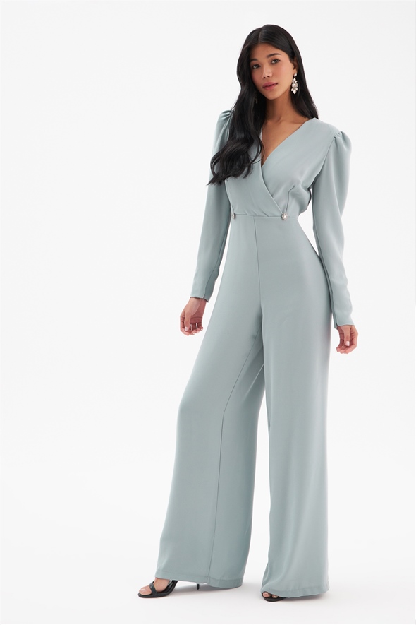 Crepe jumpsuit with double-breasted stone detail - GRAY