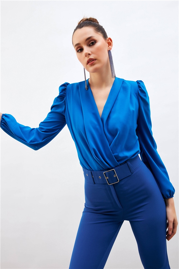 Double Breasted Waistband Bodysuit - SAX BLUE