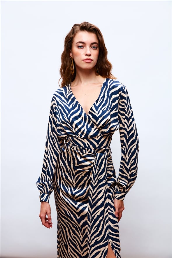 Double Breasted Zebra Patterned Satin Blouse - BLUE