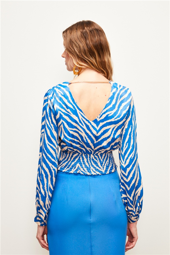 Double Breasted Zebra Patterned Satin Blouse - SAX BLUE