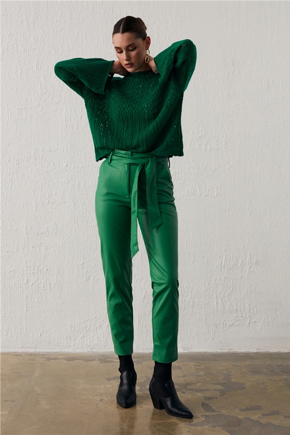 Belted Leather Pants - GREEN