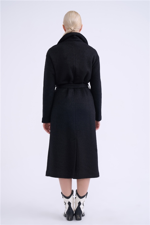 Belted long boucle coat - BLACK