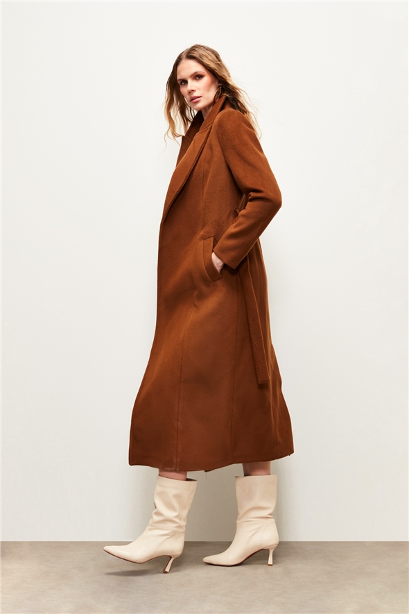 Belted Long Coat - BROWN