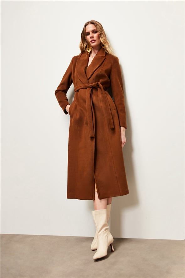 Belted Long Coat - BROWN