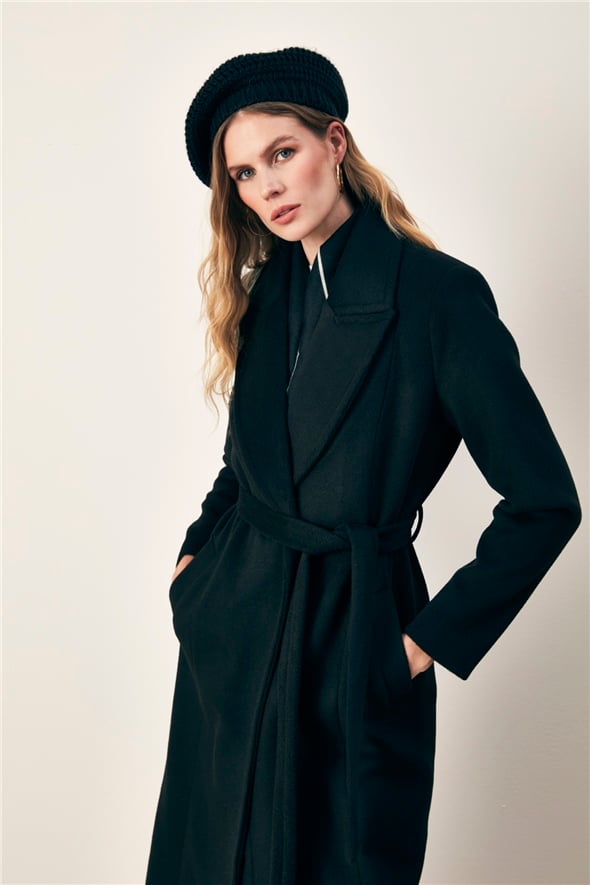 Belted Long Coat - BLACK