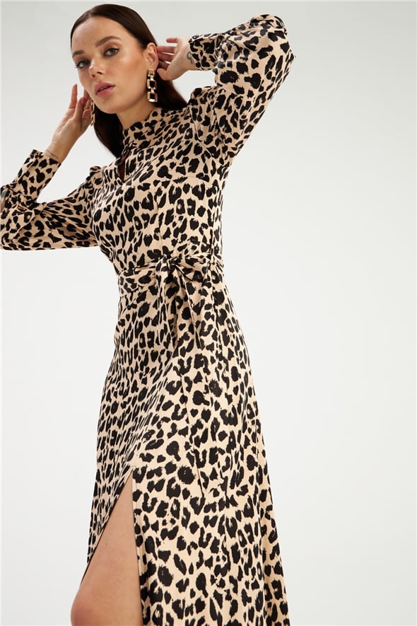 Leopard print midi satin dress - BEIGE