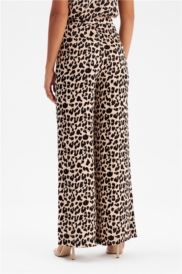 Leopard print satin trousers with wide leg - BEIGE