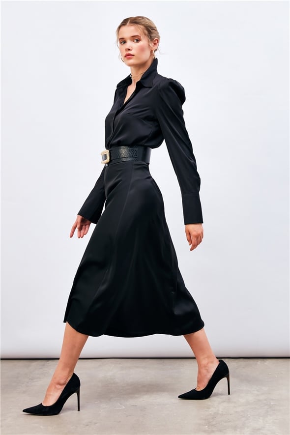 Midi Length Satin Skirt - BLACK
