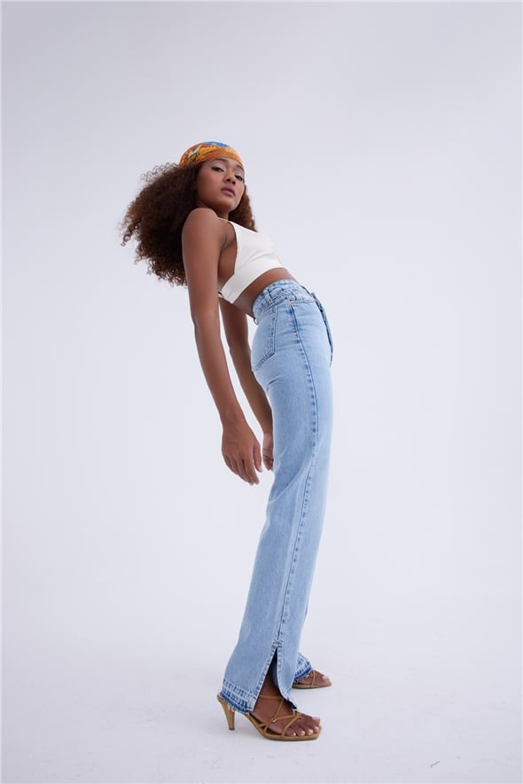 Straight wide leg jeans with hem detail - BLUES