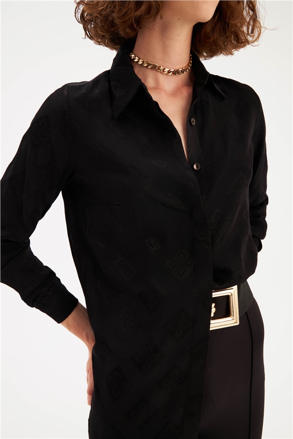 Shiny Patterned Loose Shirt - BLACK