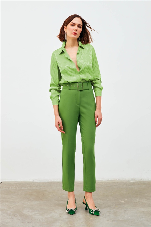 Shiny Patterned Loose Shirt - GREEN