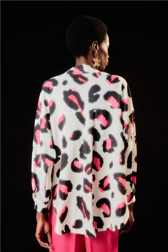 Colorful Leopard Patterned Loose Shirt - FuchsIa