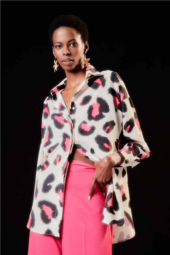 Colorful Leopard Patterned Loose Shirt - FuchsIa