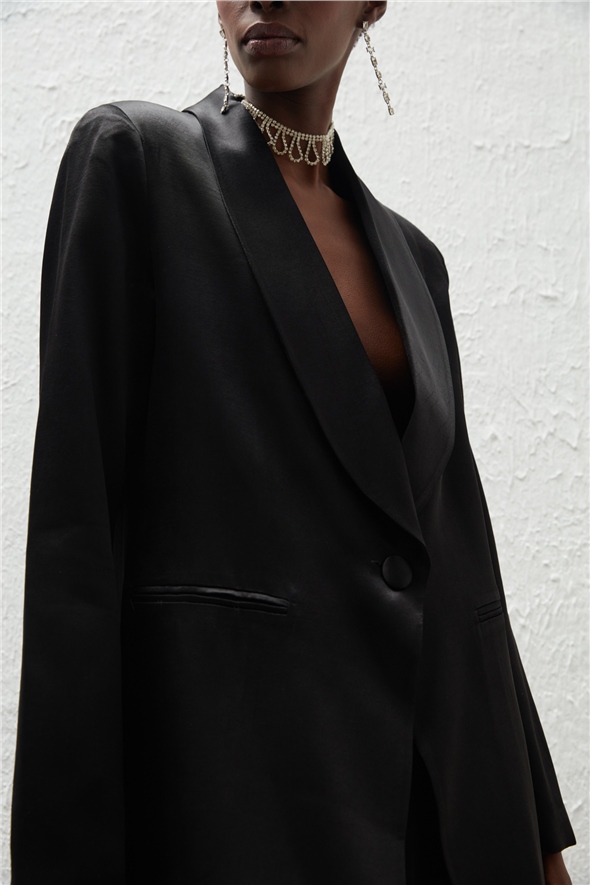 Shawl Collar Satin Jacket - BLACK
