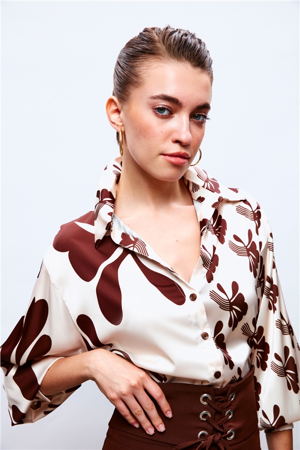 Shabby Patterned Shirt - BEIGE-COFFEE