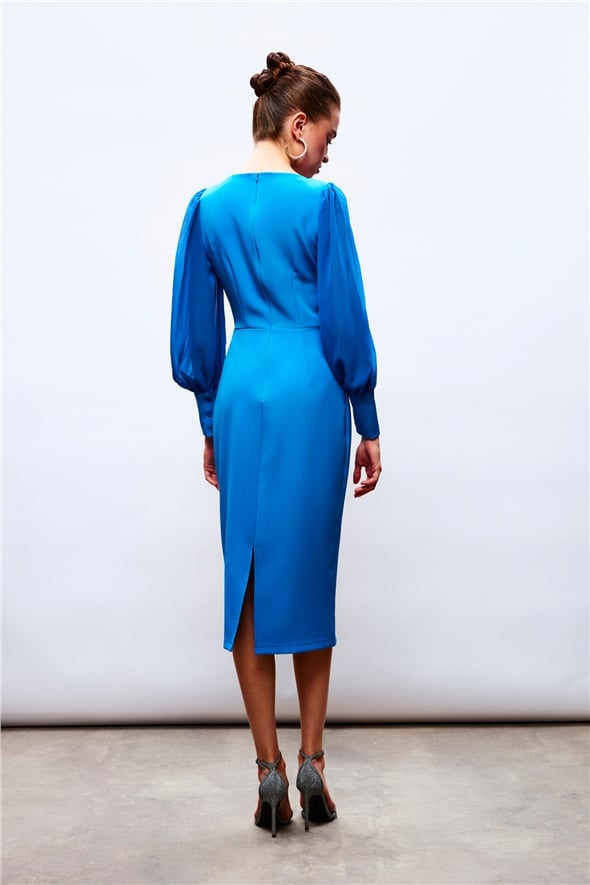 chiffon sleeve crepe dress - BLUES