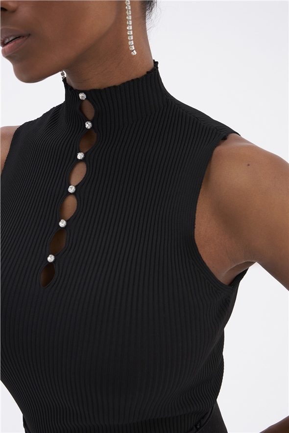 Stone Detailed Sleeveless Knitwear - BLACK
