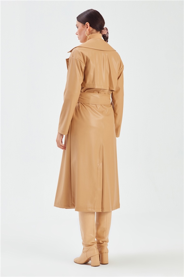 Long belted leather trench - BEIGE