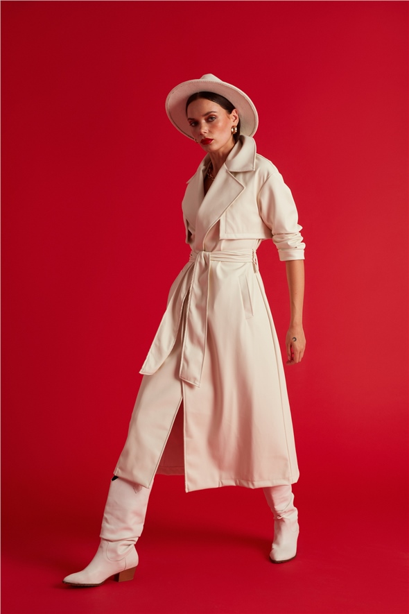 Long belted leather trench - ECRU