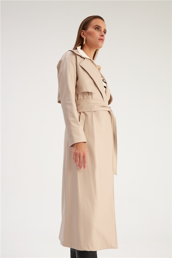 Long belted leather trench - STONE