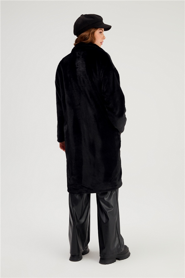 Pockets Long Plush Coat - BLACK