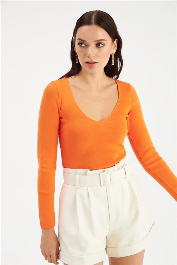V-neck knit crop top - Orange
