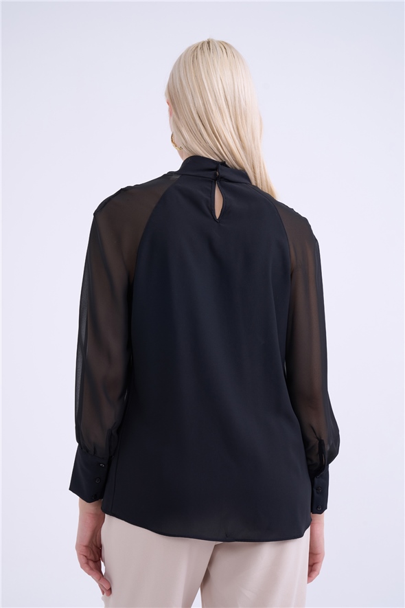 Collar detailed chiffon sleeve blouse - BLACK