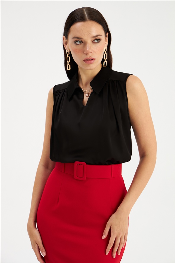 Collar Accessory Detailed Blouse - BLACK