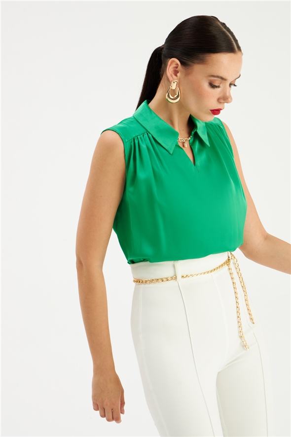 Collar Accessory Detailed Blouse - EMERALD